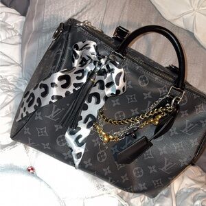 Designer Monogram Black Satchel with Gold & Silver Chain Accents